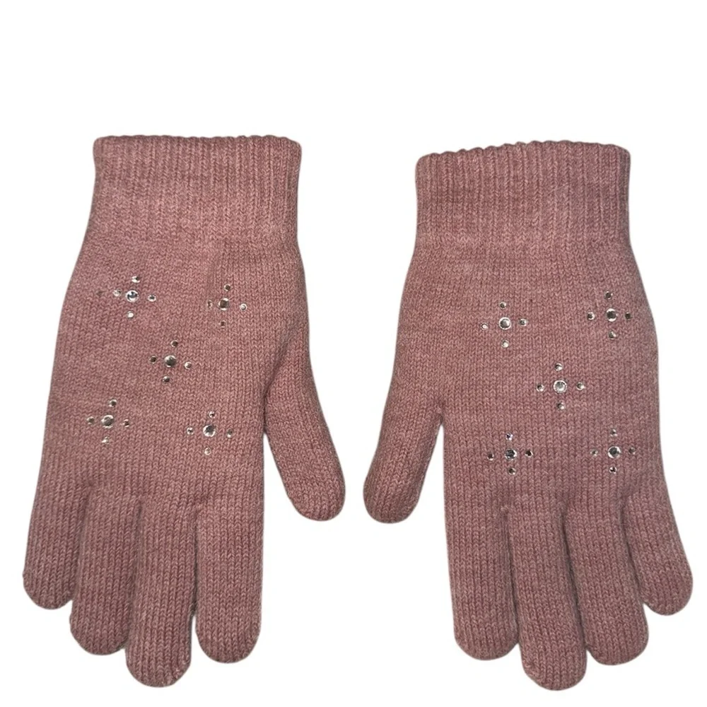 Pink Sparkle Studded Knit Gloves Soft Warm Fleece Lined Winter Cold Weather